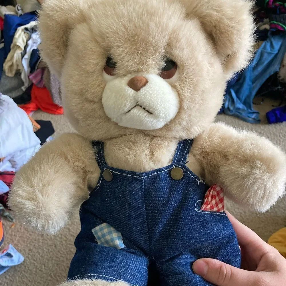 Vintage 24k Polar Puff Teddy Bear in Overalls Stuffed Animal